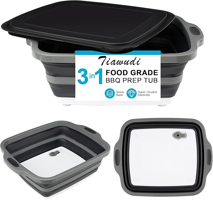 Collapsible Cutting Board with Container, Foldable Camping Sink with Colander, BBQ Prep Tub with Lid, Multifunction Dish Basin for Kitchen, Bowl, Vegetable and Fruit, 2.11 Gal/8L Storage Basket