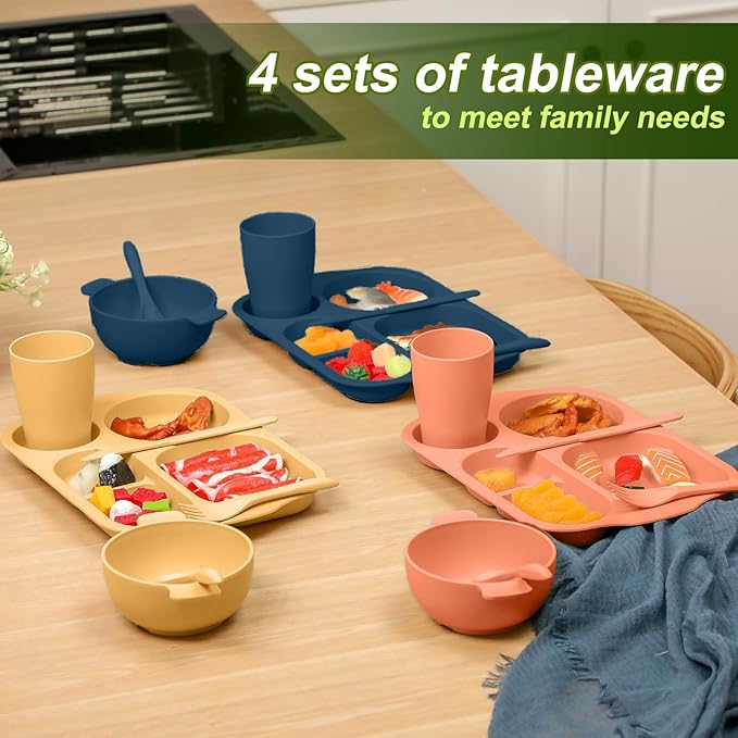 24 Pcs Wheat Straw Dinnerware Cutlery Set for Aldult Including Divided Plates Microwave Dishwasher Safe Bowl Unbreakable Tableware Straw Cutlery Spoon Knife Fork(Bright Color)