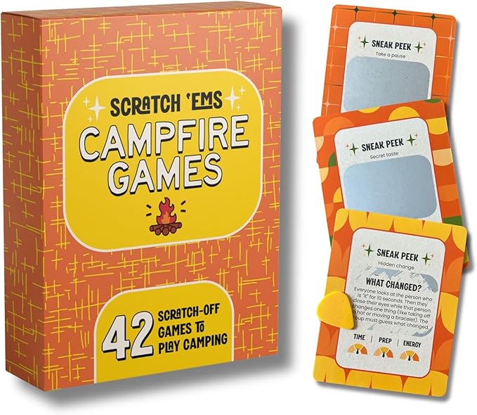 Scratch 'Ems Campfire Games | 42 Scratch Off Cards for Outdoor Summer Fun | Camping Card Games for Kids & Family | Screen-Free Entertainment, Perfect Camping Gifts for Kids & Family