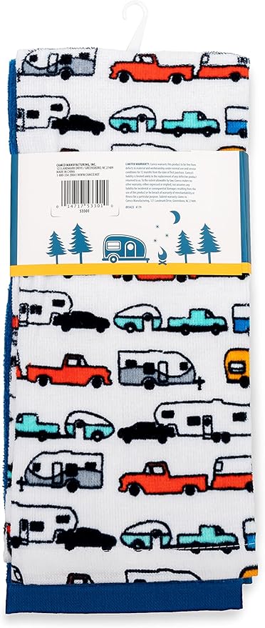 Camco Life is Better at The Campsite Camper/RV Dish Towel Set - Features a Camping/RV Themed Towel & a Navy Blue with White Logo Towel - Designed with 100% Cotton - 2-Pack (53301)