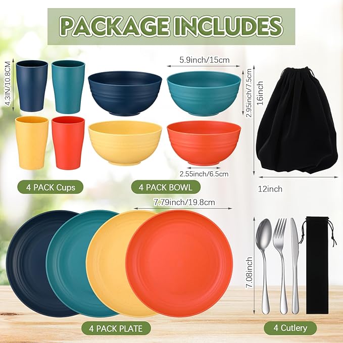 Teenyyou 4 Sets Camping Mess Kits for 4 Person Camping Silverware Set Include Cup, Bowl, Plate, Knife, Spoon, Fork Cutlery Set Unbreakable Wheat Straw Dinnerware Utensils for Travel