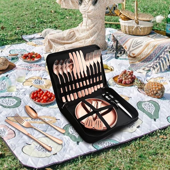 Picnic Tableware Set Camping Dinnerware Copper/Rose Gold Silverware and Plates Kit for 4 Portable Utensils Stainless Steel Dishes Spoons Forks Knives Bottle Opener Food Tongs