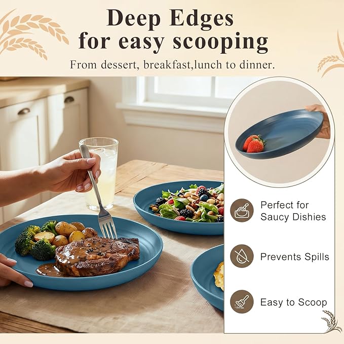 Deep Dinner Plates 10 Inch, Plastic Plates Reusable, Unbreakable Wheat Straw Plates Set of 8, Microwave and Dishwasher Safe Serving Plate for Main Course - Blue