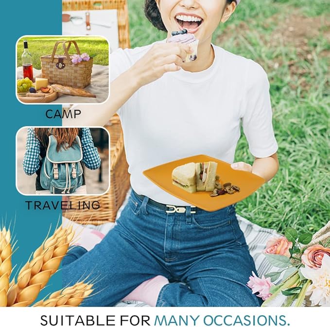 Teivio 56-Piece Plastic Wheat Straw Square Dinnerware Set for 8, Unbreakable Dinner Plates, Snack Bowls, Tumblers 13.5 oz, With Flatware,Dishwasher Safe, Outdoor Camping RV Dish, Autumn Multicolor