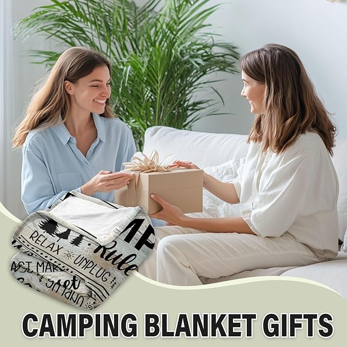 Wazzio Camping Gifts for Women Men, Camp Blanket Gifts for Camper Lovers, Happy Campers Decor Outdoor Travel Hiking 50" x 60", Camping Rules Throw Blanket for Christmas Thanksgiving