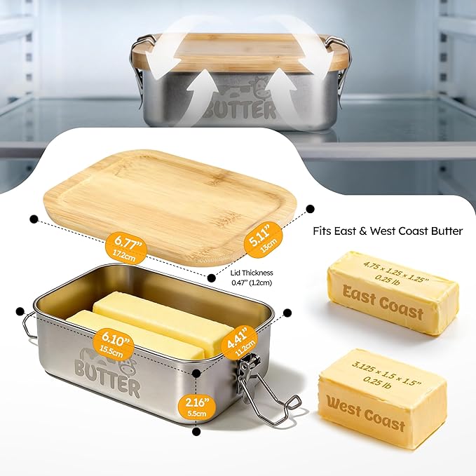 Stainless Steel Butter Dish with Lid, Airtight Cow Butter Keeper for Refrigerator & Countertop, Kitchen, Camping & Travel,Fits East & West Coast Butter (Medium)