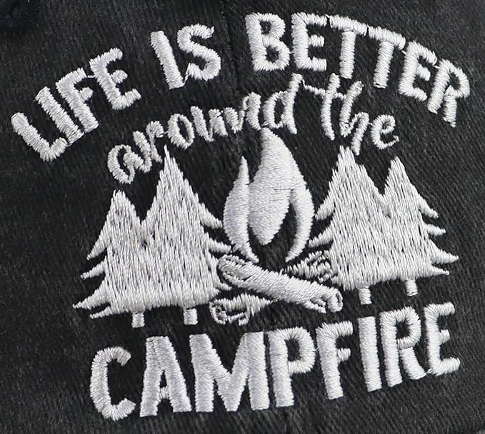 Campfire Hats for Women Men, Outdoor Camping Essentials, Camp Birthday Party Decorations Baseball Cap, Funny Camping Gifts for Campers Dad Mom Friends Black