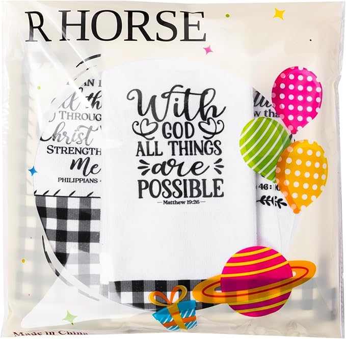 R HORSE 5Pcs Religious Christian Kitchen Dish Towel Black and White Check Cleaning Dishcloth Bible Verse Scripture Absorbent Bar Hand Towel Easter Gift for Women Men Housewarming Decor