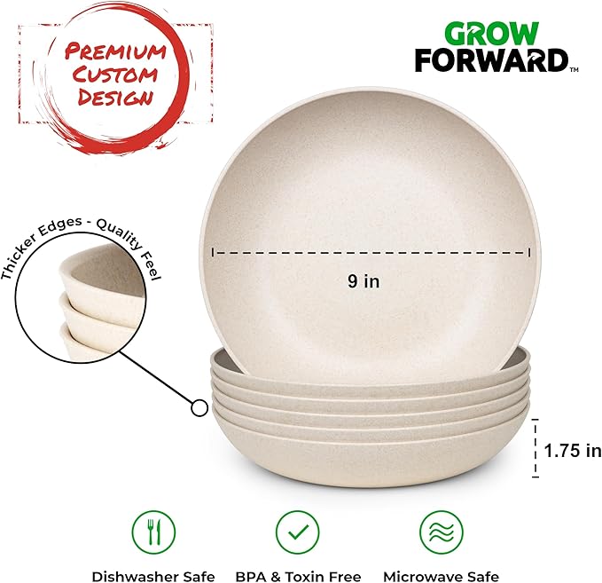 Grow Forward Premium Wheat Straw Pasta Bowls - 42oz Unbreakable Wide & Shallow Dinner Plate Bowls Set of 6 - Microwave Safe Reusable Plastic Pasta Bowls for Kids, Adults, Salad, Camping, RV - Sahara