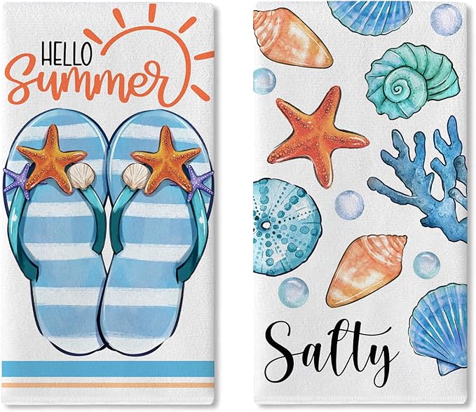 Hello Summer Flip Flops Kitchen Dish Towels Set of 2, Beach Coastal Starfish Conch Coral Drying Hand Towels Baking Cooking Cloth, Sun Bubble Salty Nautical Home Kitchen Decoration 18 x 26 in