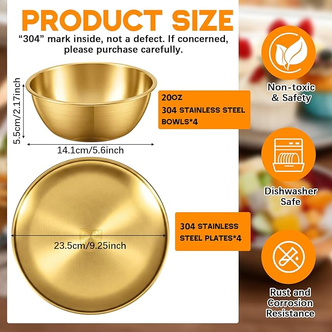 8 Pieces 304 Stainless Steel Plates and Bowls Sets - 9 Inch Metal Camping Plates Reusable 20oz Steel Snack Bowls Feeding Serving Dinner Dishes Double Insulated for Adult Girls Boys (Gold)