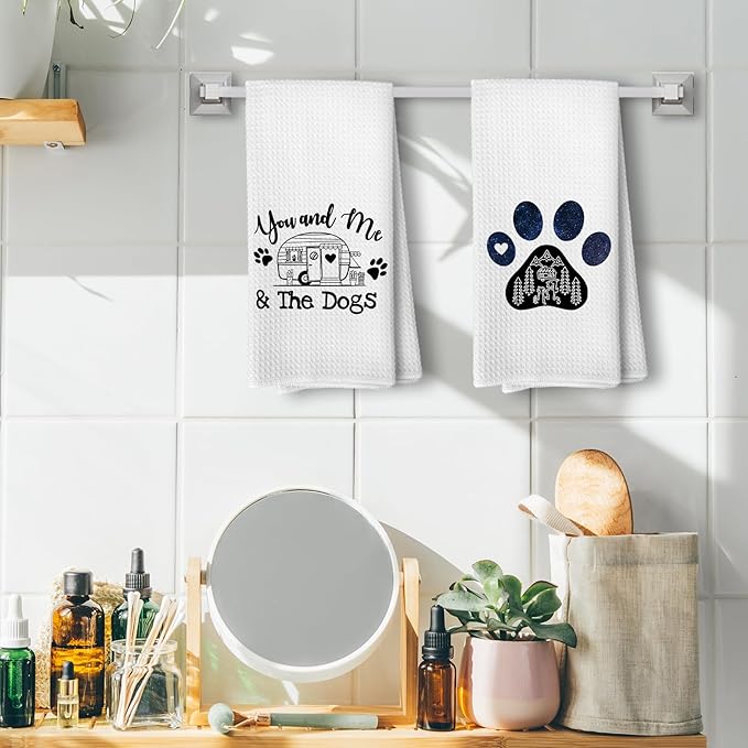 White You and Me and The Dogs Camping Kitchen Towels, Dog Kitchen Towels, RV Campsite Decor, Camping Supplies for RV Campers Campers Lovers Women Men 16x24 in Set of 2
