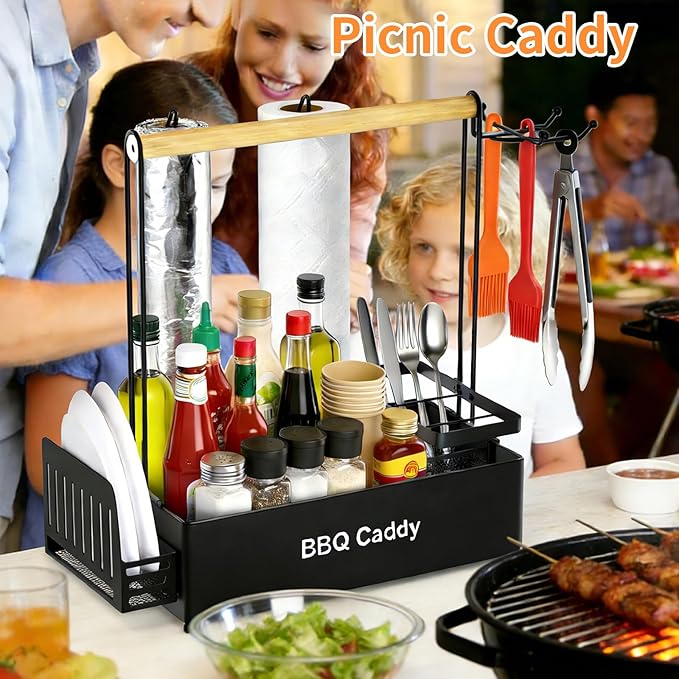 Grill Caddy, BBQ for Outdoor Grill with 2 Paper Towel Holders, Picnic BBQ Condiment Utensil Organizer Caddy for Outdoor Cooking, Rv, Camping Essential, Camper Must Haves,Gifts for Men