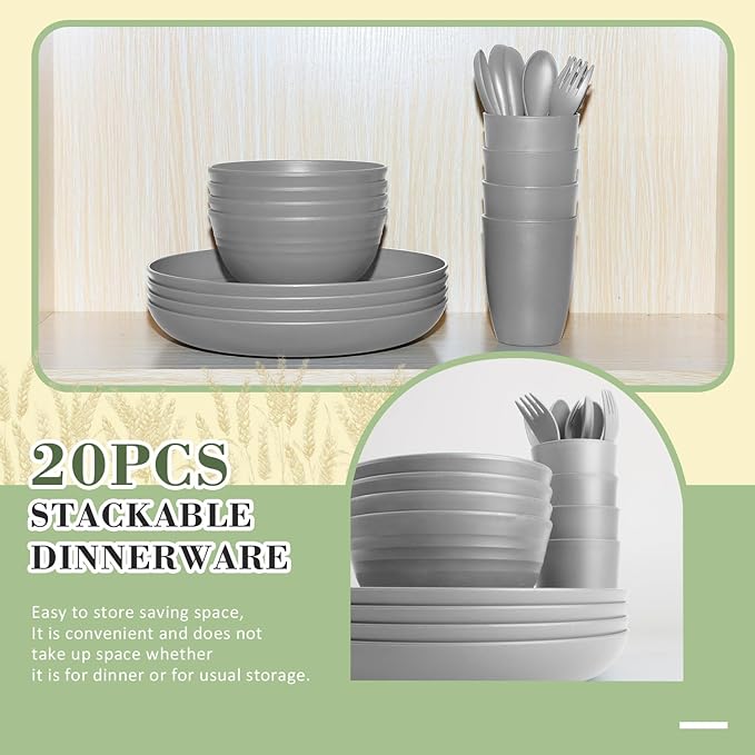 Wrova Wheat Straw Dinnerware Sets of 20,Dishwasher Safe Kitchen Plates and Bowls Sets,Camping Dishes Sets Contains Dinner Plates,Cereal Bowls,Drinking Cups and Flatware.(Grey)