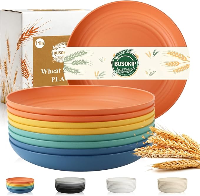 Large Wheat Straw Plates 11 Inch, Unbreakable Dinner Plate Set for 8, Plastic Plates Reusable, Microwave and Dishwasher Safe Kitchen Plate for Holiday, Party, BBQ - Multi