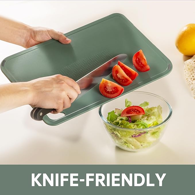 THETCHRY Plastic Cutting Board Set of 3-Cutting Boards for Kitchen BPA Free, Large-Small Chopping Boards Non-Slip for Cooking Camping Dishwasher Safe, Reversible, with Grip Handle, 15"×10"×0.25" Green