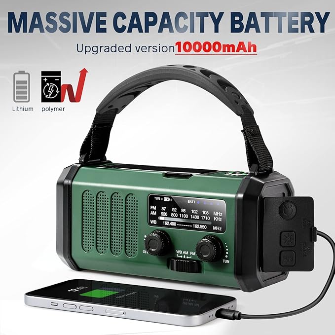 Hand Crank Emergency Radio, NOAA Weather Radio with AM/FM Solar Radio,10000mAh Rechargeable Battery Powered, USB-C Charger, Flashlight, SOS Alarm, for Camping, Hurricanes Outdoor Survival Emergencies