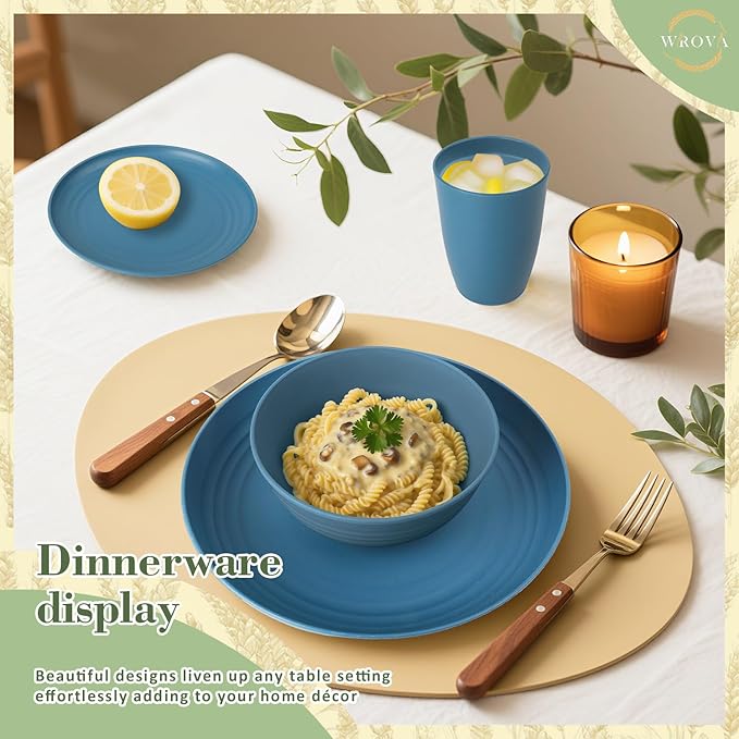 Wrova Wheat Straw Dinnerware Set of 32,Unbreakable Dinner Plates and Bowls Dishes Sets Service for 8,Dishwasher Safe Dinnerware Sets for Kitchen and Camping.Navy Blue