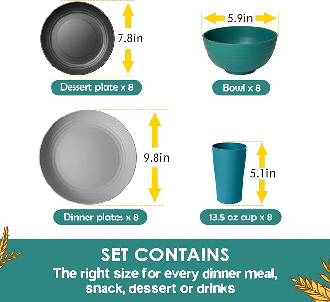 Teivio 32-Piece Kitchen Plastic Wheat Straw Dinnerware Set, Service for 8, Dinner Plates, Dessert Plate, Cereal Bowls, Cups, Unbreakable Colorful Plastic Outdoor Camping Dishes,Coastal