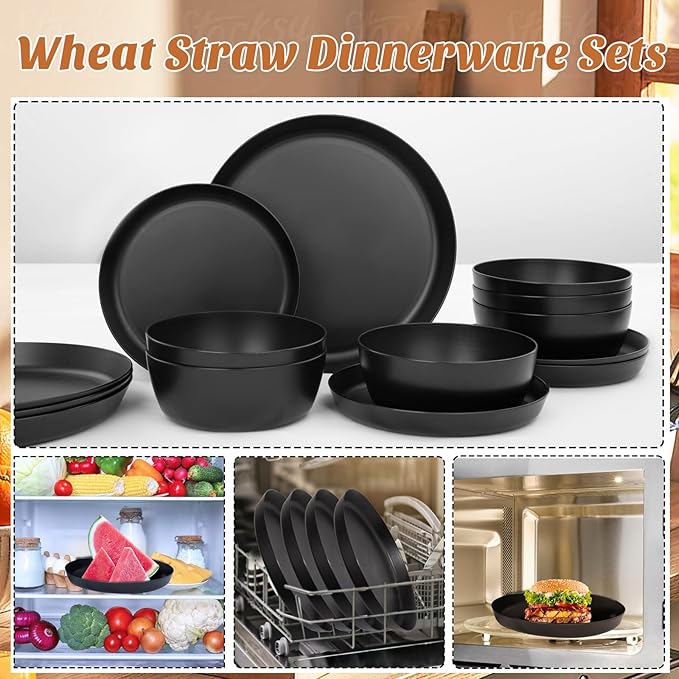 EI 12pcs Wheat Straw Dinnerware Set of 4,Plates and Bowls Sets,Plastic Plate Reuasble Unbreakable,Heavy Duty Plastic Plates for Camping,Picninc,Family Dinner