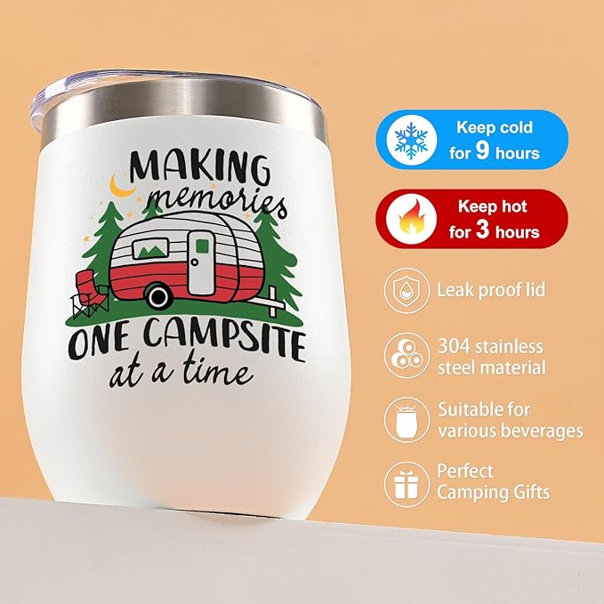 Lifecapido Camping Gifts 2 Pack Stainless Steel Wine Tumblers, Camper Holiday Birthday Christmas Gifts for Women Men Capmer RV Campers (12oz, White)