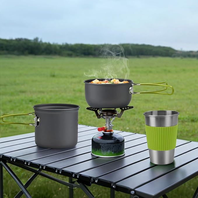 aiGear 8pcs Camping Cookware Mess Kit, Camping Pot and Pan Set with Mini Backpacking Stove, Stainless Steel Cup, Spork and Tank Bracket, Cooking Gear for Hiking Camping Outdoor Picnic