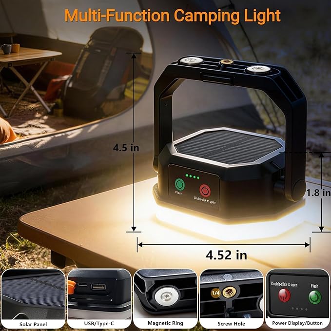 SyouHome Solar Camping Lantern, 4000LM, 6600mAh Rechargeable Camping Light with Magnetic Base, IP65 Waterproof Camping Essentials for Tent, Hiking, Hurricane, Emergency, Power Outages