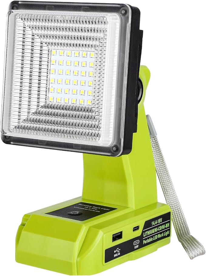 Choerinton 1800LM LED Work Light Compatible with Ryobi 18V Battery, 15W Cordless Portable Jobsite Light with USB Charging Port, Outdoor Rechargeable Floodlight for Car Repair, Camping, Hiking, Garage