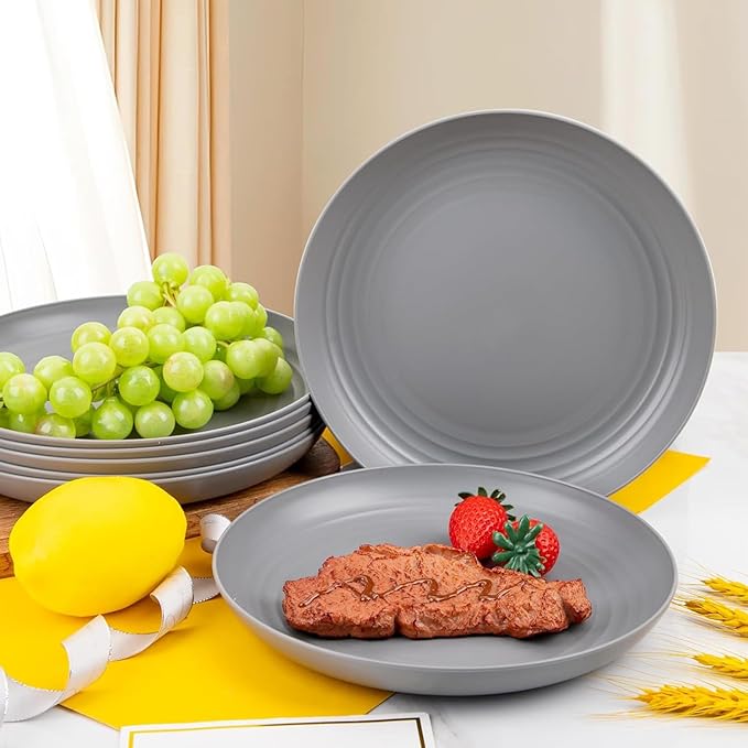 Wheat Straw Plates, Unbreakable Dinner Plates Set of 4, 8 Inch Plastic Plates Reusable, Dishwasher & Microwave Safe, Lightweight Salad Plates for Camping/Kitchen (Gray)
