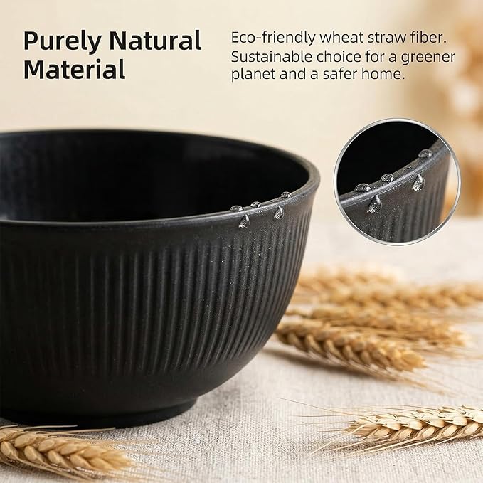 36 Pcs Wheat Straw Dinnerware Set,Dinnerware Sets for 6,Large Round Plates, Bowls and Cups, Unbreakable dish set, Dishwasher and Microwave Safe, Outdoor Camping Dishes (Black)