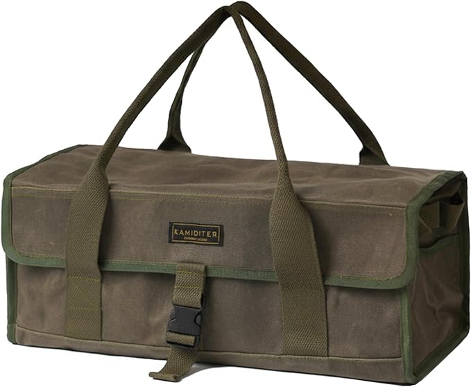 Camping Gear Bag, Camp Kitchen Organizer Buckle-closure Outdoor Cookware Tool Bag with 4 Hanging Holes & Dedicated Tent Stake Compartment, BBQ Accessories Soft Case Container, Army Green