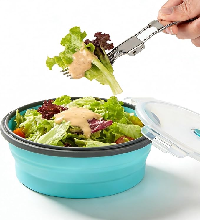 ColorCoral Collapsible Silicone Camping Bowl with Airtight Lid, Large 1200ml/42oz, Foldable Bowl for Travel, RV, Leakproof Food Storage, Microwave & Fridge Safe, Includes Stainless Steel Fork