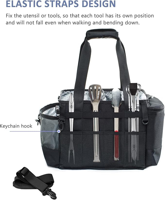 FREECOLSH Black Waterproof Caddy, 16" x 11" x 11", with Detachable Strap and Shoulder Pad for Carrying Utensils and Camping Supplies