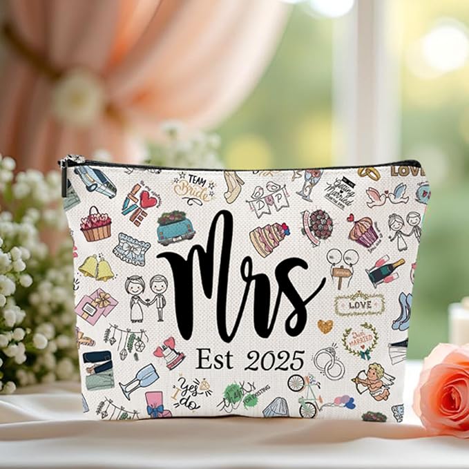Bridal Shower Gifts for Women, Bachelorette Party Gifts, Wedding Gift, Linen Makeup Bag for Bride, LOVE Est 2025 Bachelorette Party & Engagement Gift