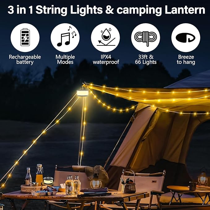 Camping String Lights, 3 in 1 Quick Storage 32.8FT Rechargeable Fairy String Lights with 6 Lighting Modes, Hanging Portable LED Lamp for Christmas Decor Patio Party Camping Essentials