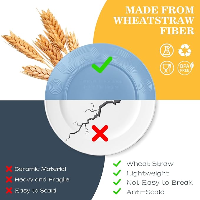 40 PCS Wheat Straw Dinnerware Sets | Service for 8, Unbreakable Plates and Bowls Sets - Dinner Plate, Cereal Bowl, Drinking Cups, Dishwasher & Microwave Safe for Kitchen, Camping,RV - Colorful