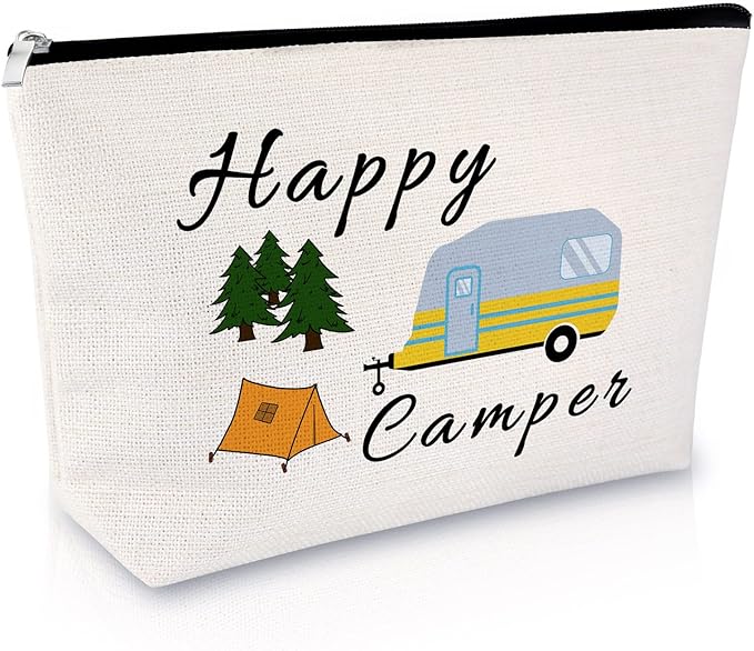 Sazuwu Camper Gifts for Her Makeup Bag Camping Lover Gifts for Women Happy Camper Themed Gifts Cosmetic Bag Funny Camping Gifts for Adults Girls Trip Gifts Vacation Gifts for Friends Travel Pouch