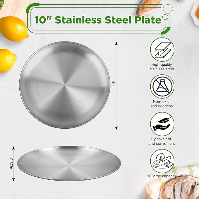 Stainless Steel Plates,2 PCS 10 inch Round Metal Food Serving Plates, Dinner Plates for Outdoor Camping Hiking, Party Serving, Feeding,Non Toxic & Reusable, Dishwasher Safe