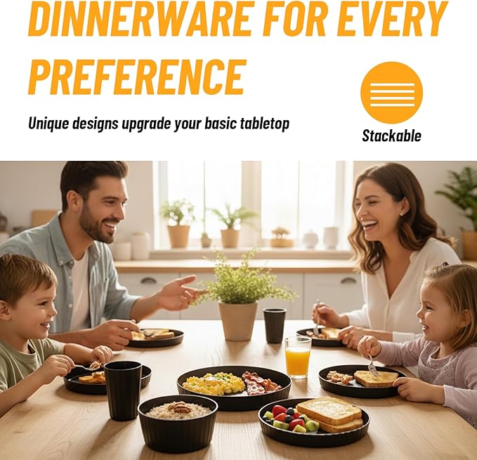 24Pcs Kitchen Plastic Wheat Straw Dinnerware Set,Dinnerware Sets for 6,Microwave Dishwasher Safe Plates