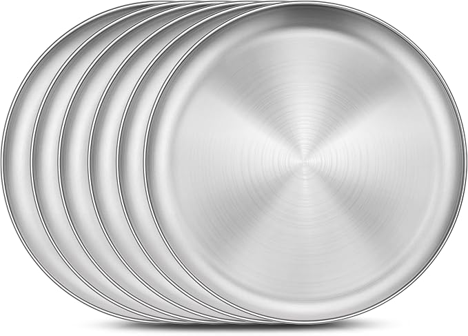 Homikit 6 Pack Stainless Steel Plates, Metal Kids Toddler Dinner Plate Set Non Toxic, 9 Inch Round Camping Plates for Serving Dishes Dessert Salad, Unbreakable & Reusable, Dishwasher Safe