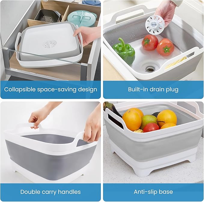 EZuraa 2.4 gal(9L) Gray Collapsible Dish Basin, Portable Sink or Dish Pan for Kitchen Sink with Drain Plug/Strainer, Space Saving Baby Bottle Wash Basin Collapsible Bucket, Beverage Tub for Camping