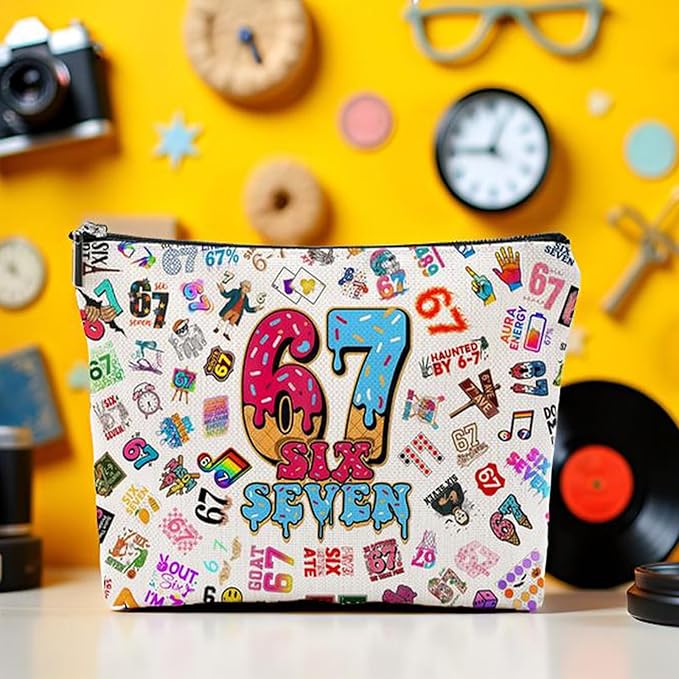 Six Seven Gifts for Women Makeup Bag, Funny 6 7 Cosmetic Bag & Travel Toiletry Pouch, Viral Meme Gifts, Cute Makeup Pouch for Party Favors & Unique Birthday Gifts