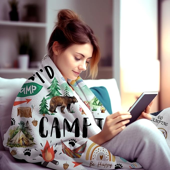 Camping Blanket Gifts for Women Men Camper Essentials Stuff Plush Flannel Throw Blanket Gifts for Camping Lovers Outdoor Camper Rv Owners Travel Hiking 50"x40"