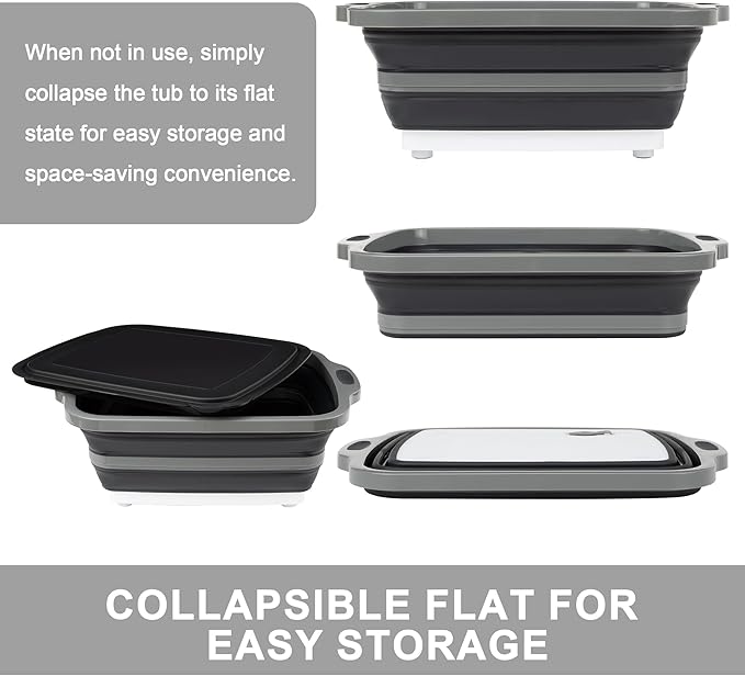 Collapsible Cutting Board with Container, Foldable Camping Sink with Colander, BBQ Prep Tub with Lid, Multifunction Dish Basin for Kitchen, Bowl, Vegetable and Fruit, 2.11 Gal/8L Storage Basket