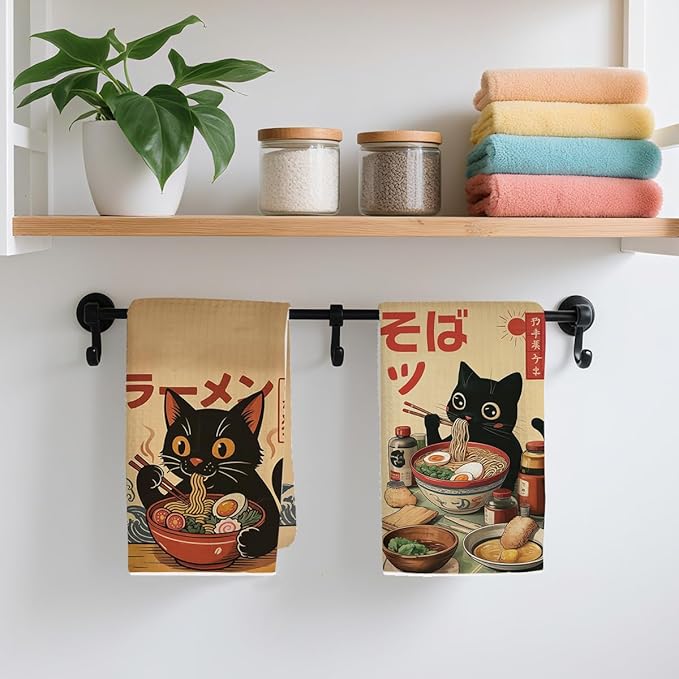 2PCS Vintage Japanese Cat Kitchen Towels, Quirky Ramen Cat Reusable Absorbent Waffle Weave Dish Tea Towels for Cleaning Cooking, Microfiber Kitchen Towel, Cats Lovers Gifts for Women Noodle Lover