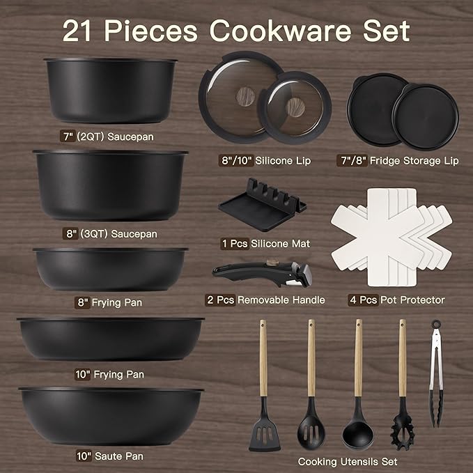 Astercook 21 Pcs Pots and Pans Set Non Stick, Ceramic Cookware Set Detachable Handle, RV Kitchen Cooking Set Removable Handles, Oven Safe, Induction Ready, Stackable, Black, Mothers Day Gifts