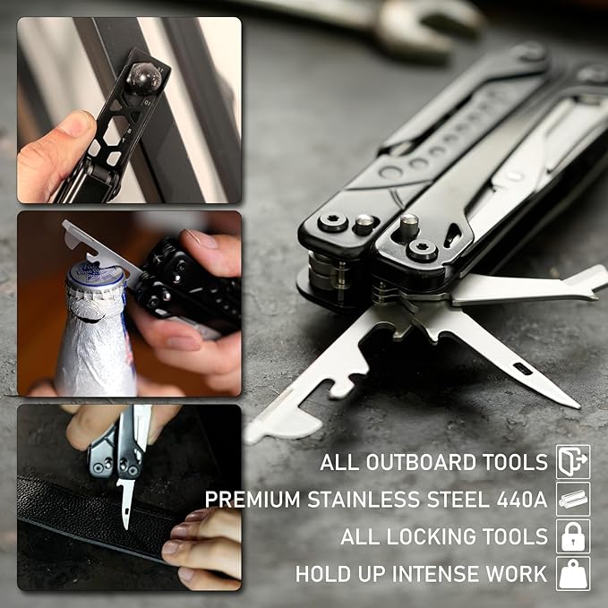 PERWIN Multitool, 20-in-1 Stainless Steel Multi Tools Pliers with Nylon Sheath, Safe Locking, Professional Multi-Tool for Survival, Camping and Hunting, Black