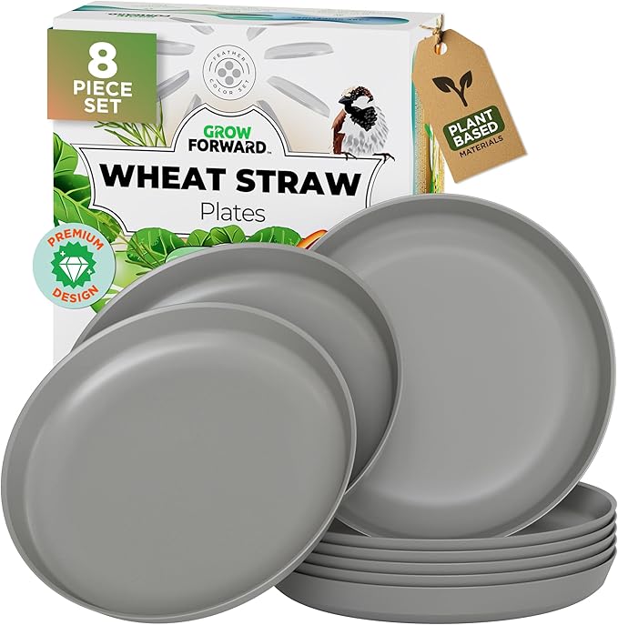 Grow Forward Premium Wheat Straw Plates - 10 Inch Reusable Hard Plastic Dinner Plates Set of 8 - Unbreakable Microwave Safe Plates for Dessert, Camping, RV, Outdoors, Patio, Kitchen Dishes - Feather