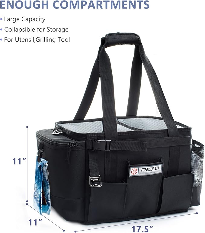 FREECOLSH Black Waterproof Caddy, 16" x 11" x 11", with Detachable Strap and Shoulder Pad for Carrying Utensils and Camping Supplies