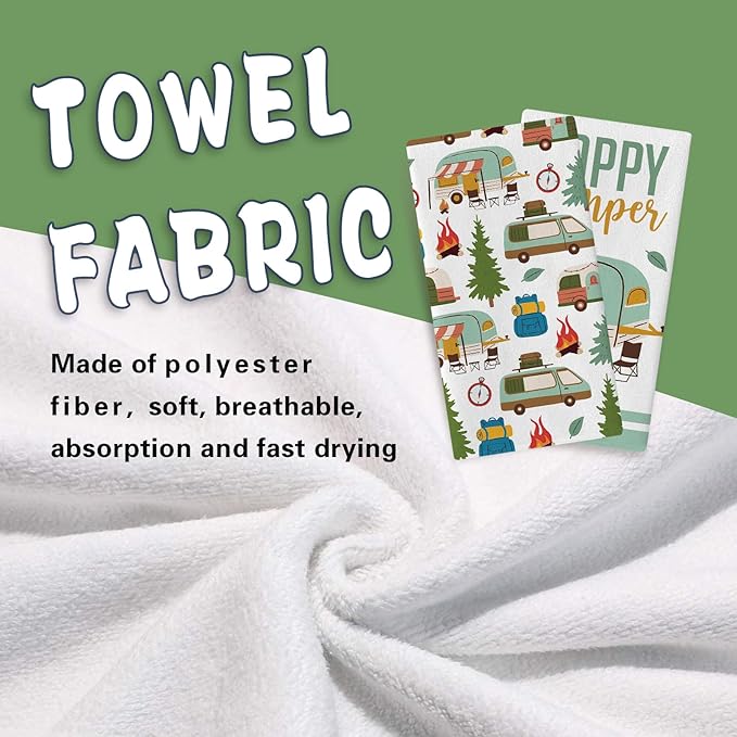 Happy Camper Kitchen Dish Towels Set of 2, Camping RV Adventure Travel Drying Hand Towel Baking Cooking Cloth, Campsite Campfire Tree Bathroom Home Decoration 18'' x 26''